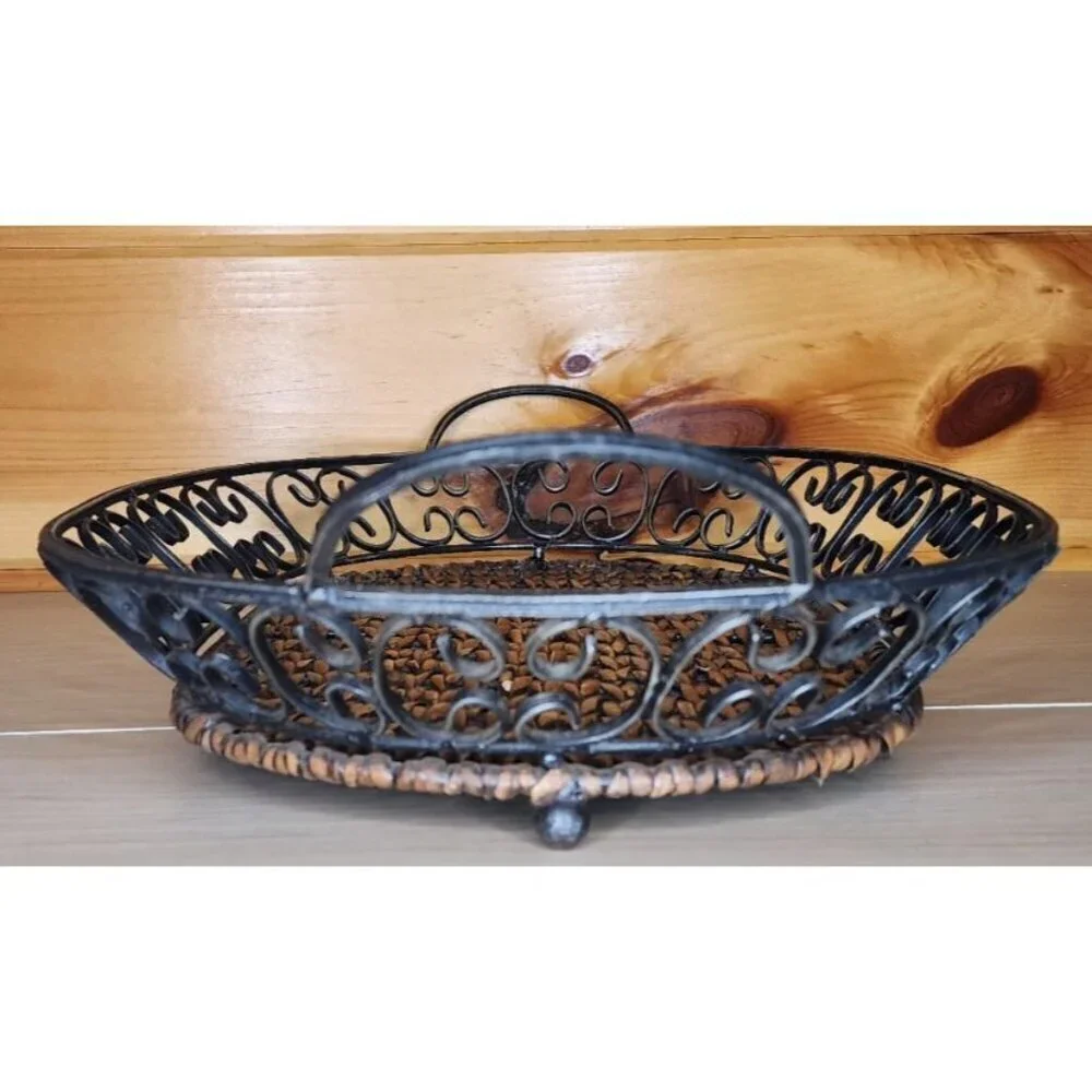 Metal and Wicker Serving Tray with Handles Distressed Farmhouse Decor Basket